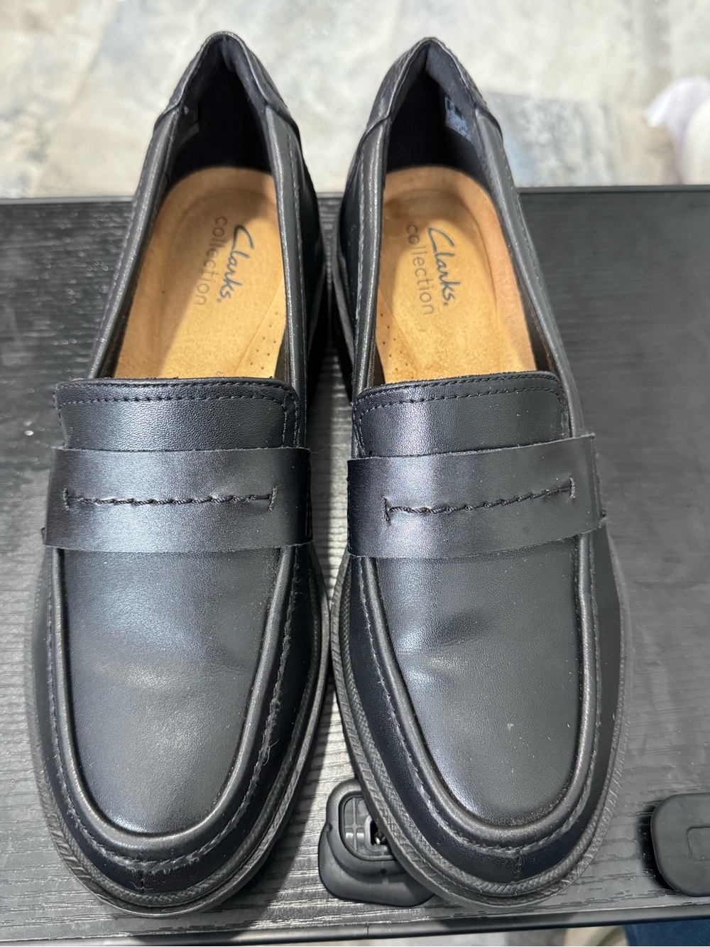 Clarks Black Leather Slip-On Penny Loafers